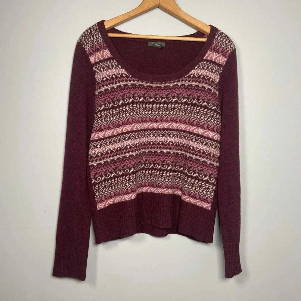 Eddie‎ Bauer Women's Wool Sweater Burgundy Fair Isle Nordic Size M Y2K Preppy